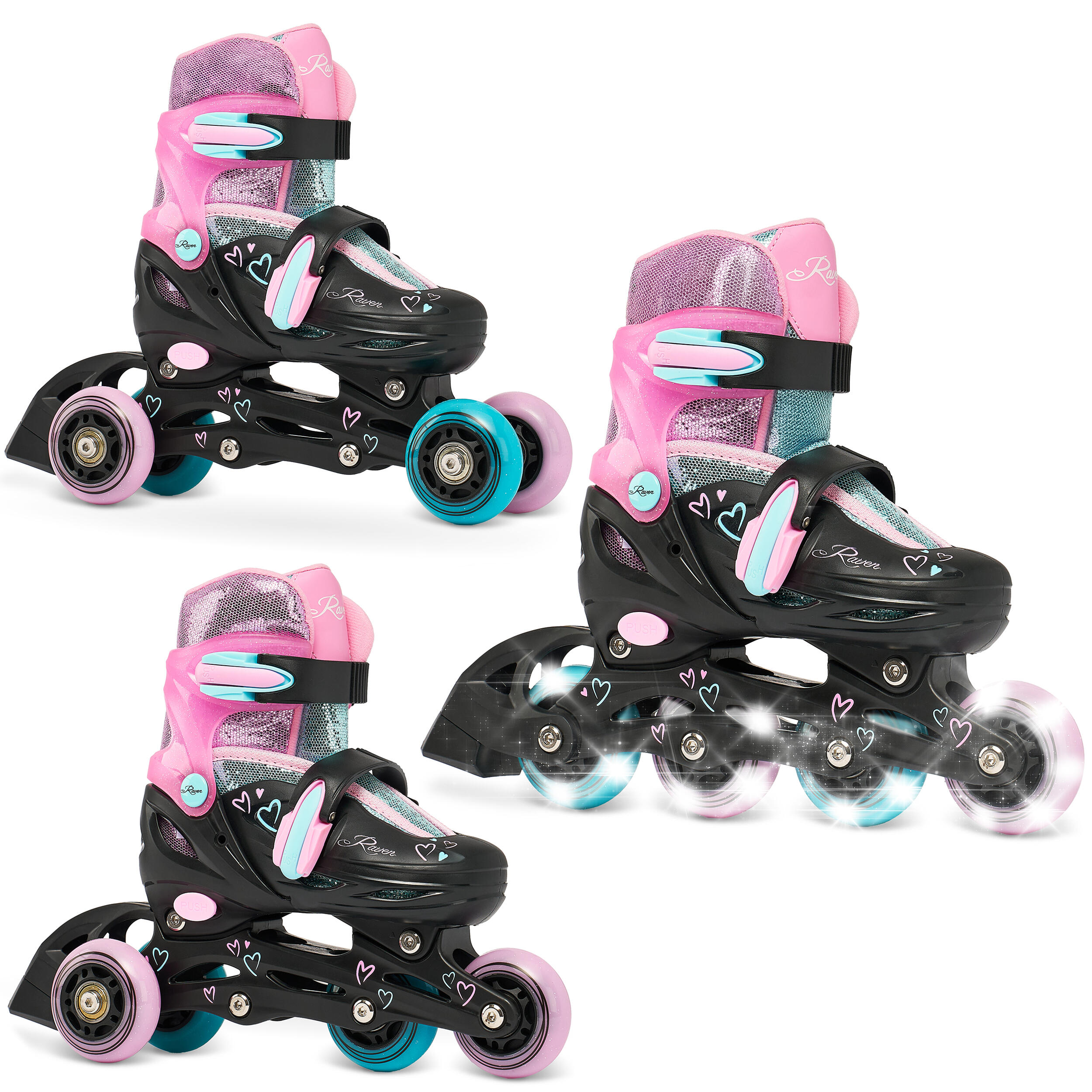 Raven - Raven Loret 3-en-1 Patins À Roulettes Ajustables Roues Lumineuses - Rollers En Ligne - Noir|rose|vert - Decathlon