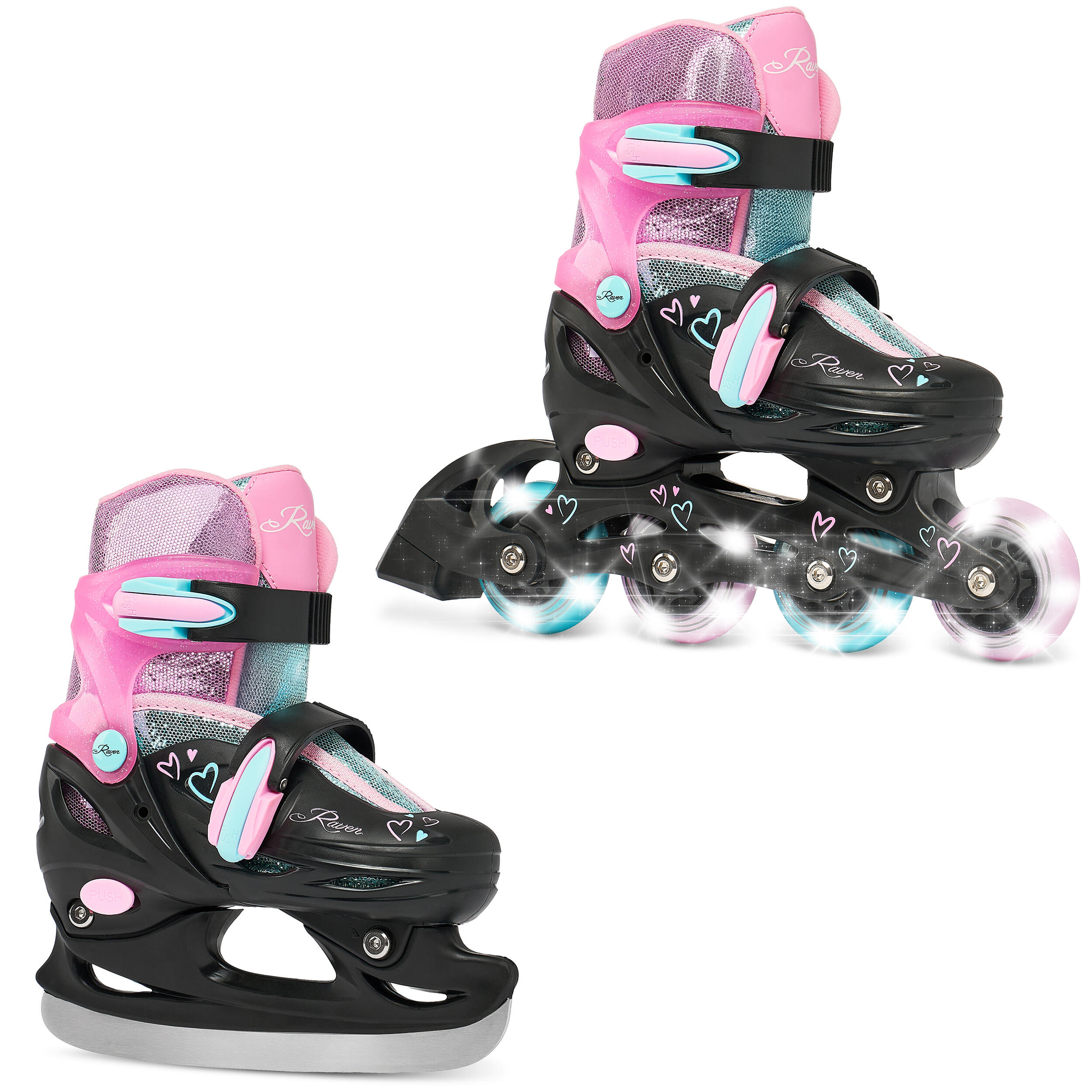 RAVEN Kolečkové brusle 2v1 Raven Loret Glitter svítící kola LED