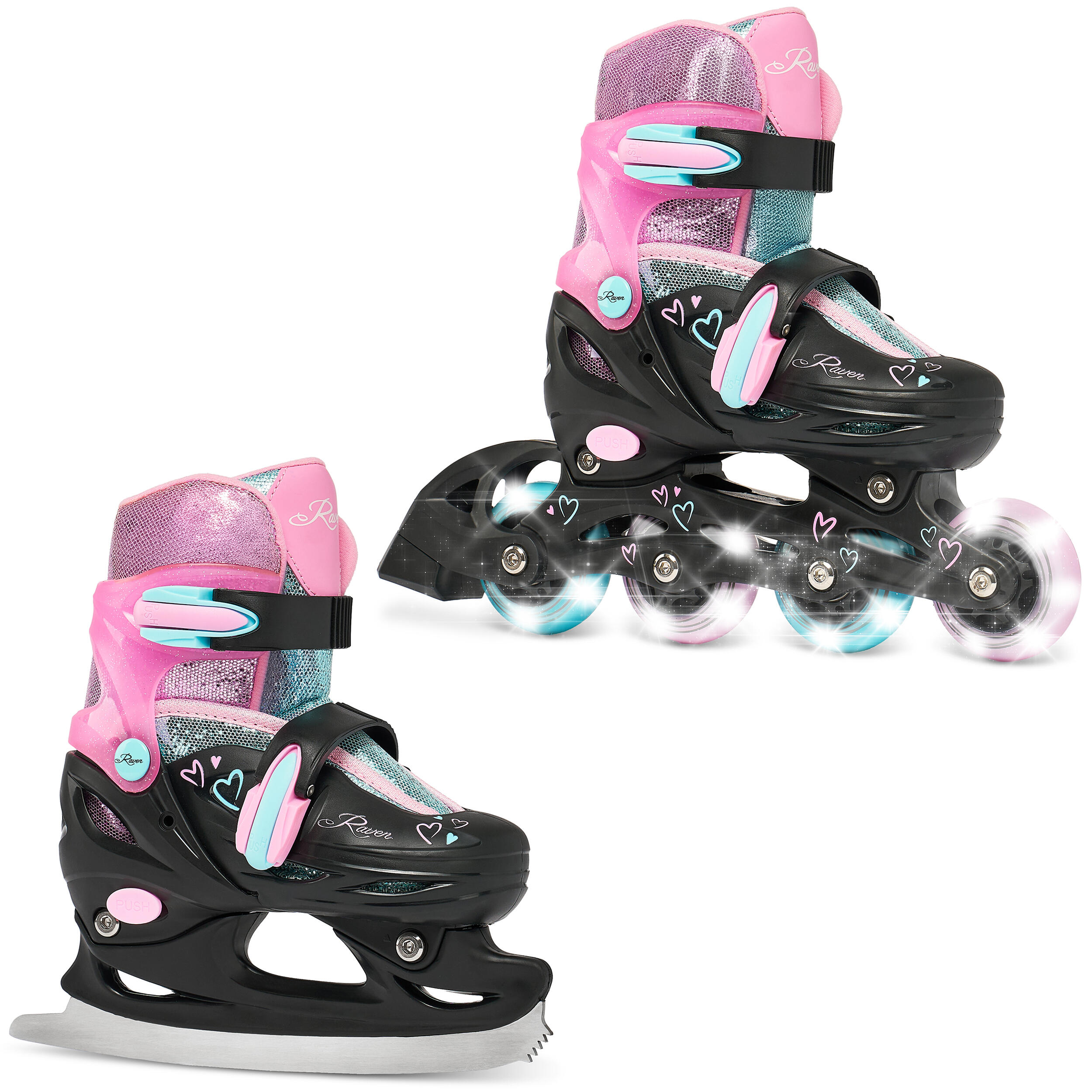 Raven - Raven Loret Patins À Roulettes Ajustables 2in1 Roues Lumineuses - Rollers En Ligne - Noir|rose|vert - Decathlon