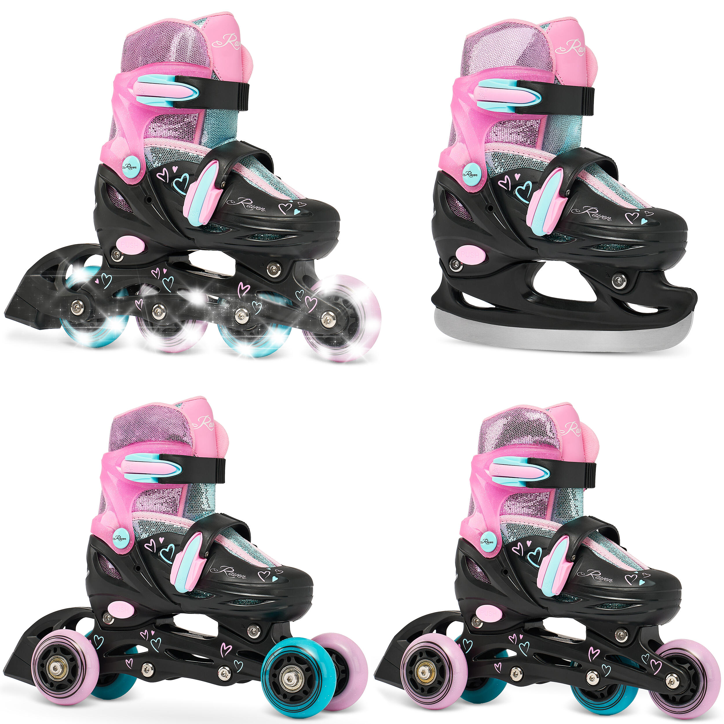 Raven - Patins À Roulettes Patins Ajustables 4in1 Hockey Loret Roues Lumineuses - Rollers En Ligne - Noir|rose|vert - 27/30 - Decathlon