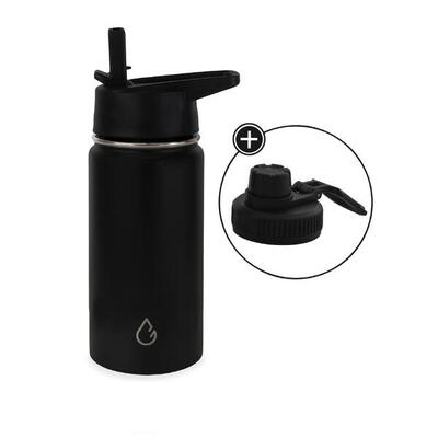 Pro waterfles kinderen rvs zwart 350 ml - dop met rietje en sportdop