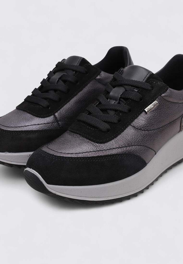 Imac 858248 Zapatillas Mujer Cuña Baja 4 cm Negro Piel y Textil 3/4