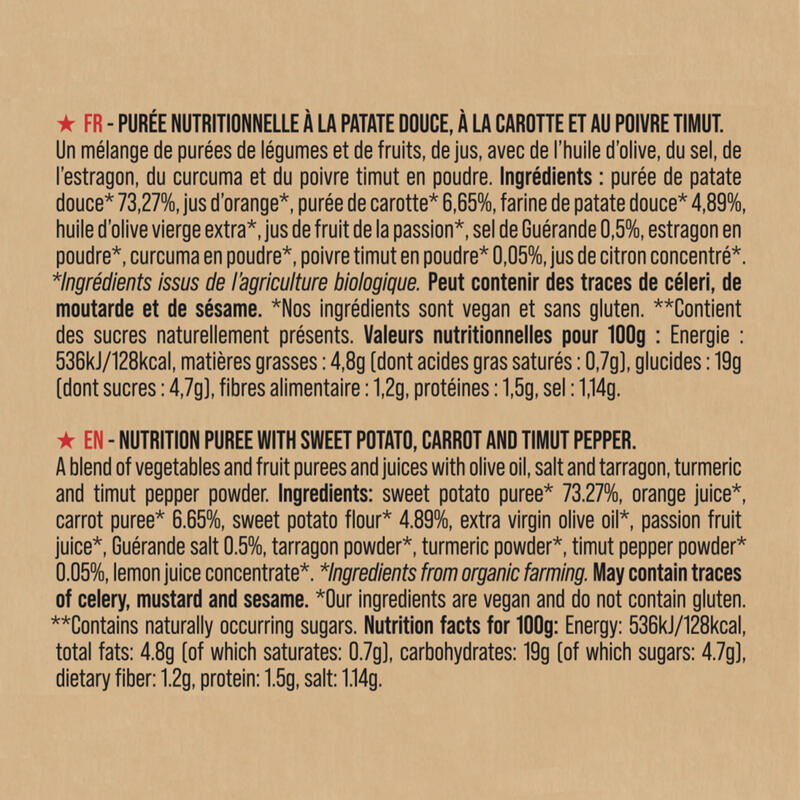 Pack x20 Purées nutritionnelles bio salées Patate douce-Carotte-Poivre Timut