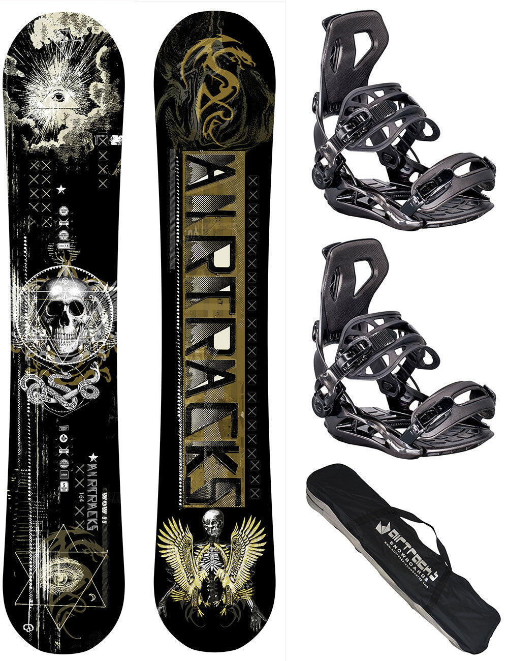 AIRTRACKS Set de Snowboard Homme: Planche WOW Carbon + Fixations Master XL + Sac