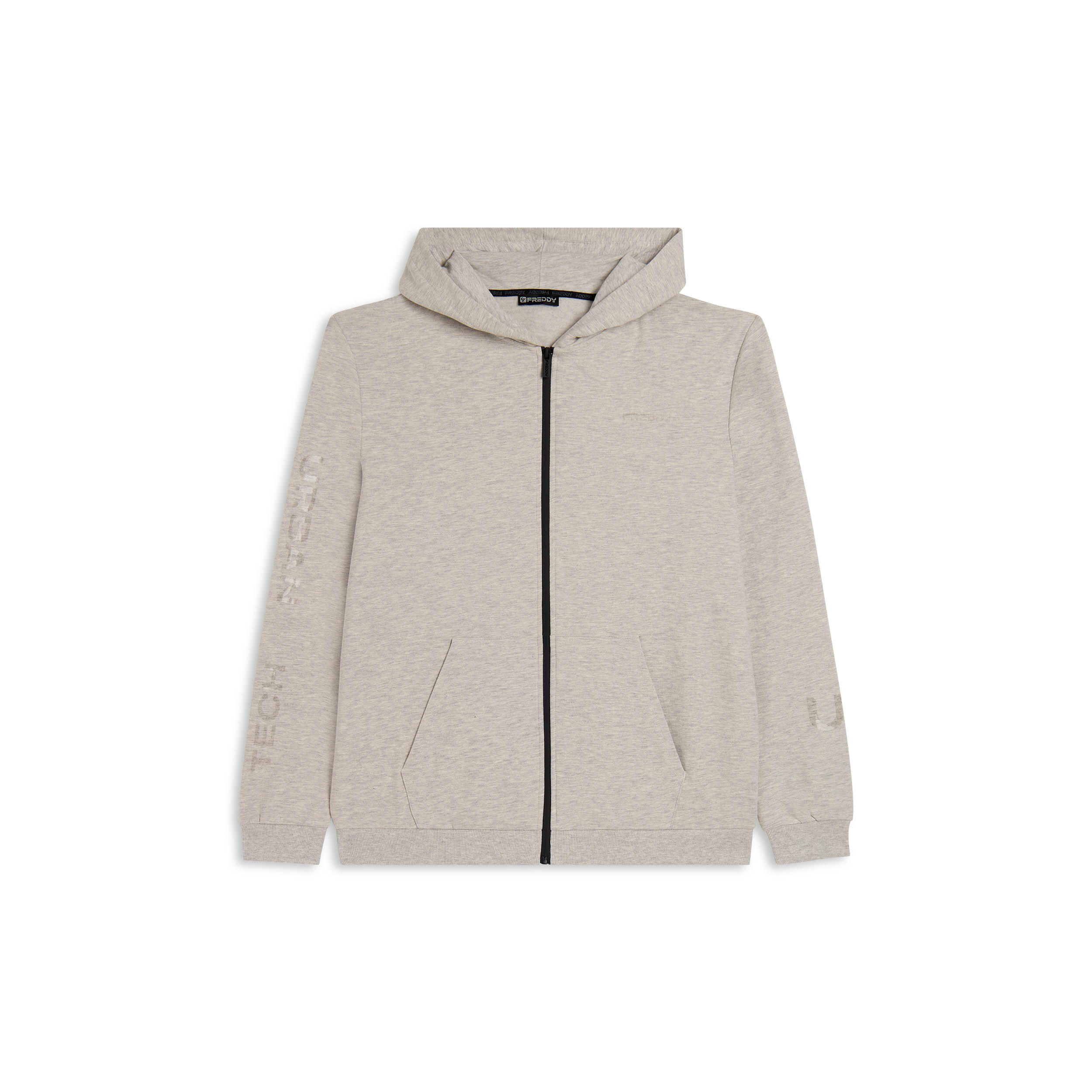 Felpa mélange zip con cappuccio e stampa lucida 1/3