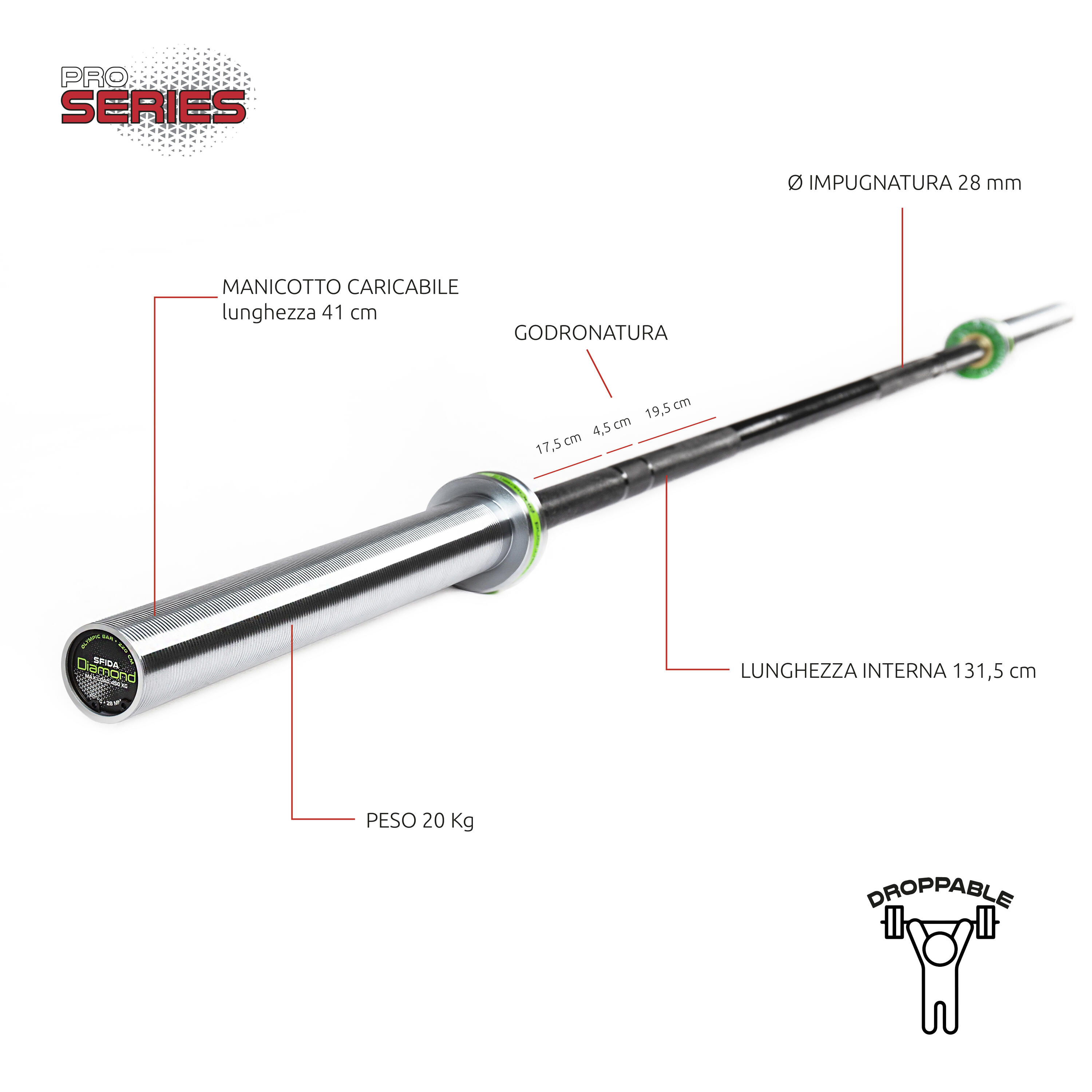 Bilanciere olimpico Sfida 220 cm - Carico max 450 Kg - 50 mm Diamond Professiona 5/5