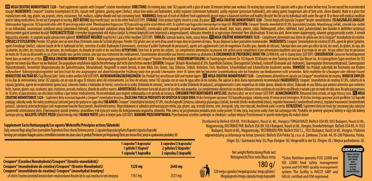 Mega Creatina Monohidrato 1320 - 120 Cápsulas Scitec Nutrition 3/5