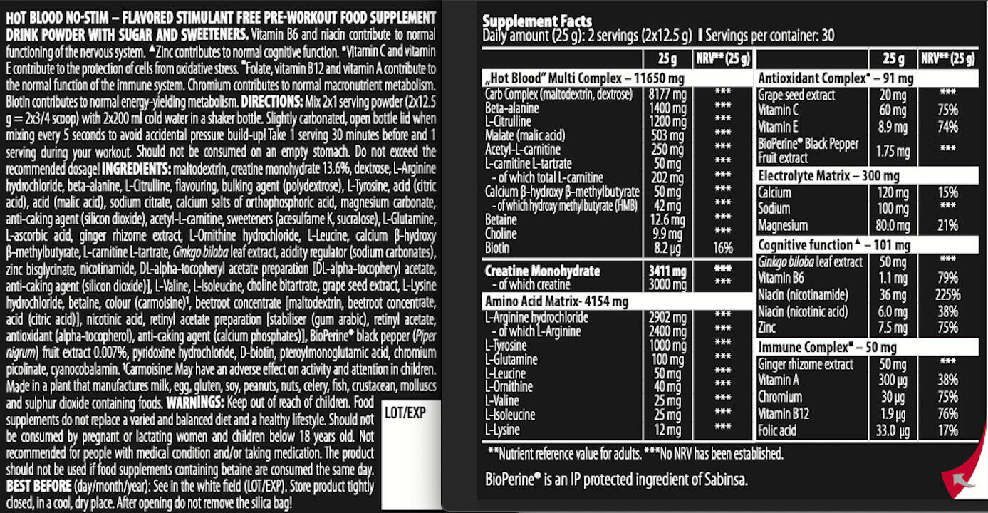 Pre-workout - Hot Blood No-Stim - Pastèque 3/4