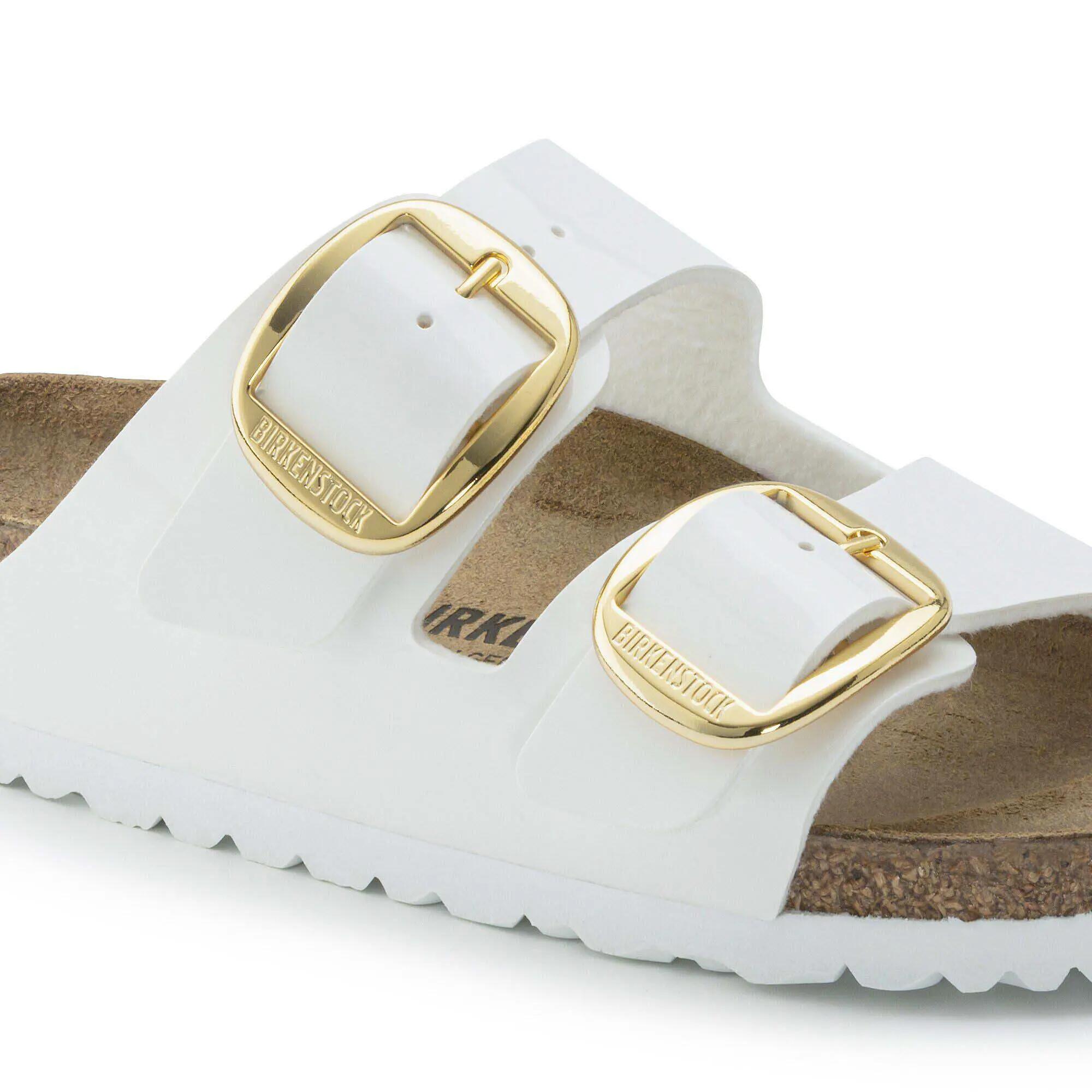 Birkenstock Arizona Big Buckle Patent White Slippers, Birko Flor Patent Woman 5/5