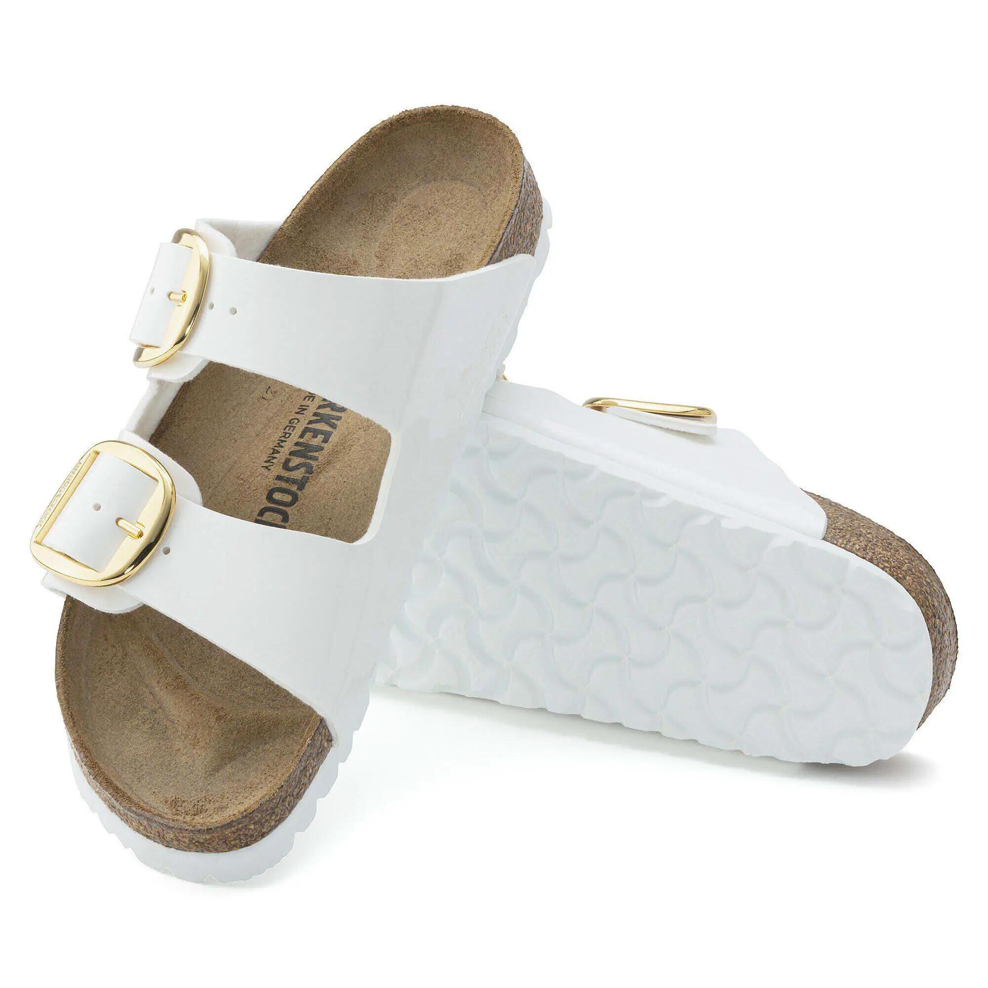 Birkenstock Arizona Big Buckle Patent White Slippers, Birko Flor Patent Woman 4/5