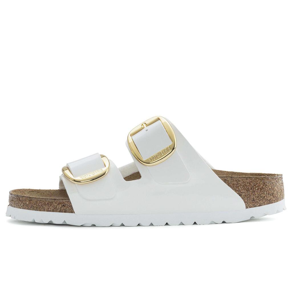 Birkenstock Arizona Big Buckle Patent White Slippers, Birko Flor Patent Woman