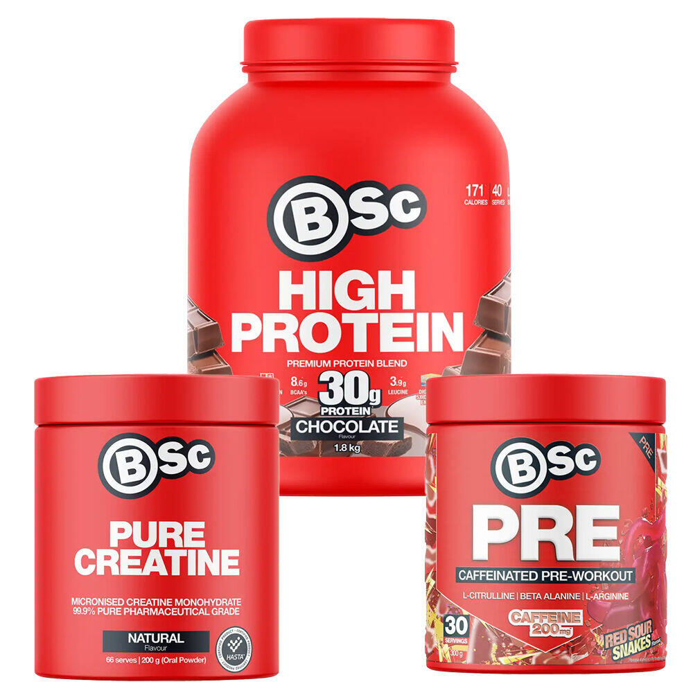 BSc Muscle Builder Combo: 1.8kg Choc Protein Creatine & Pre-Workout