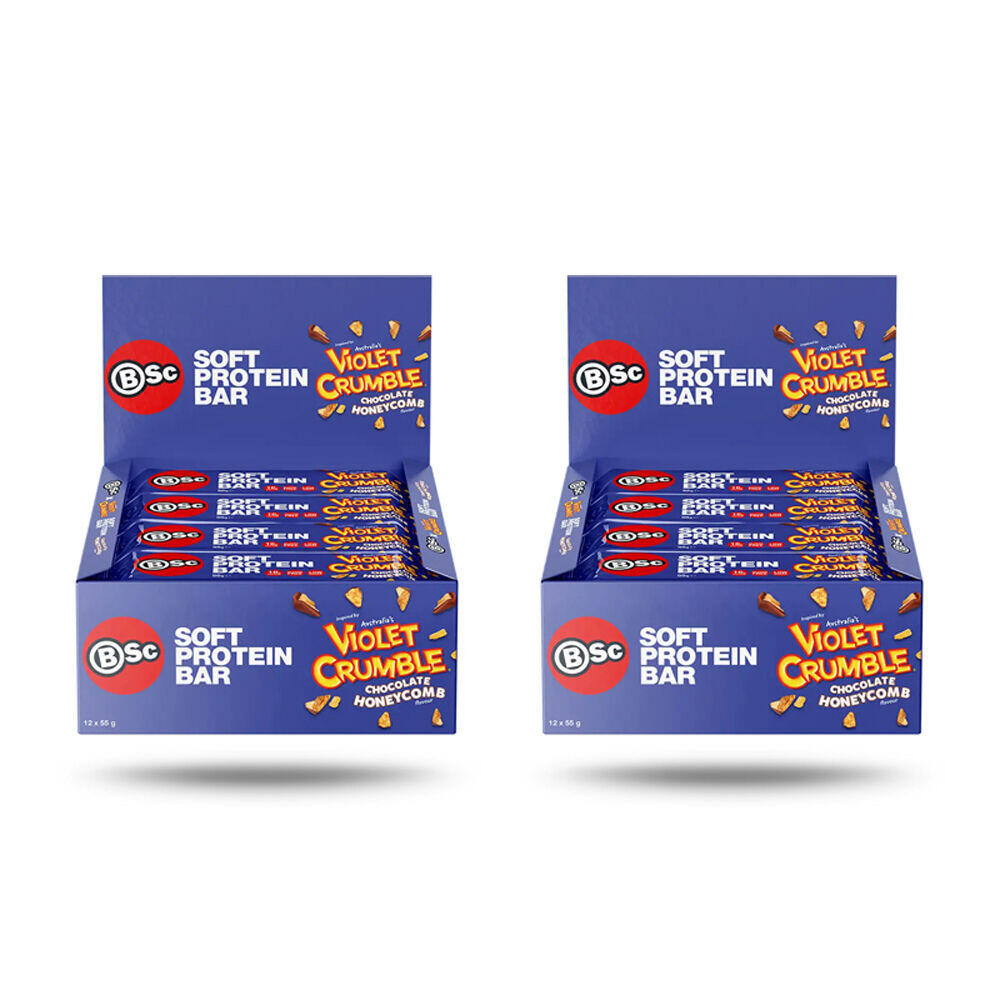 24PK BSc Violet Crumble Protein Bar 55g Choc Honeycomb Soft Bar