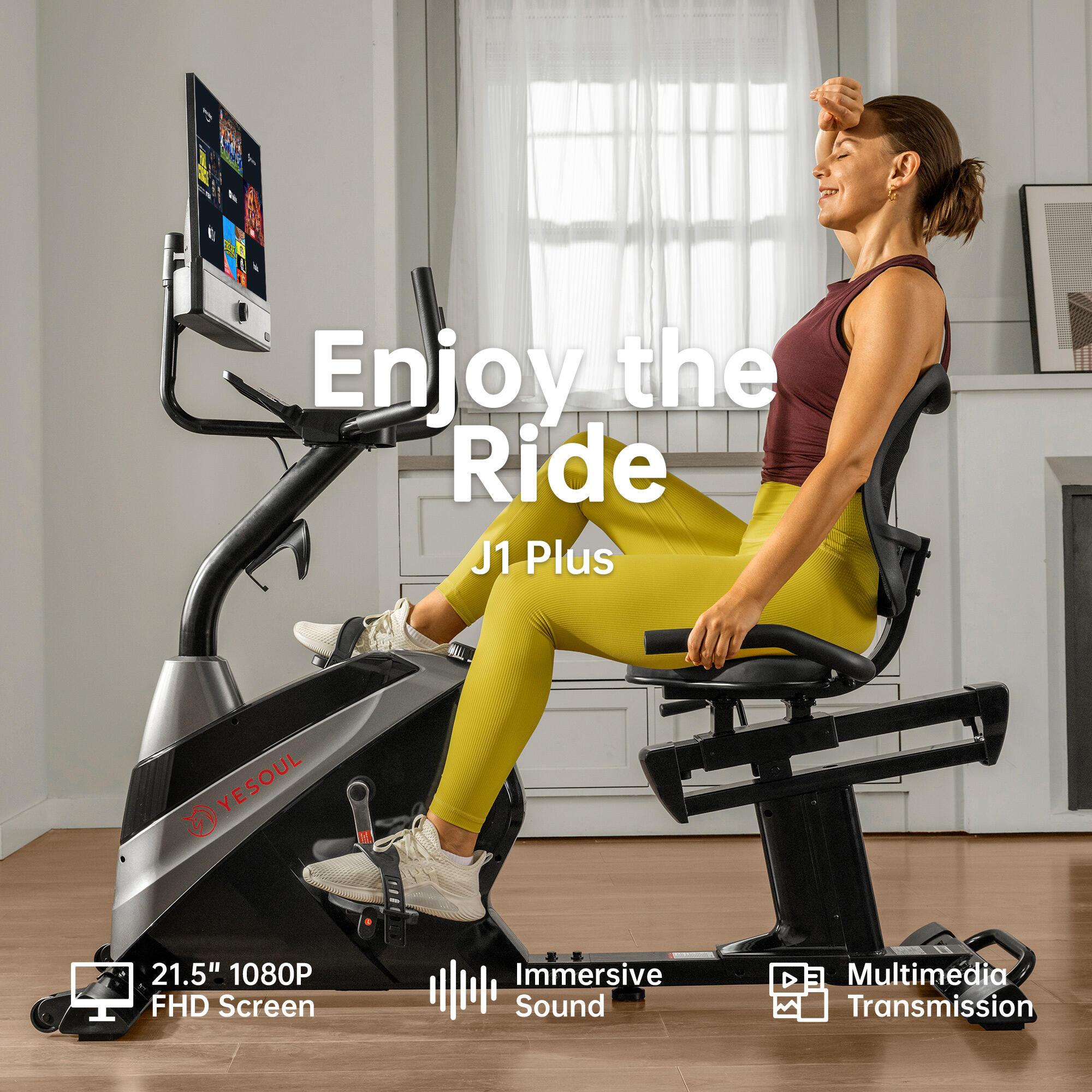 Vélo d’appartement magnétique YESOUL J1 Plus, écran 21,5" LED-FHD, 100 niveaux 2/7