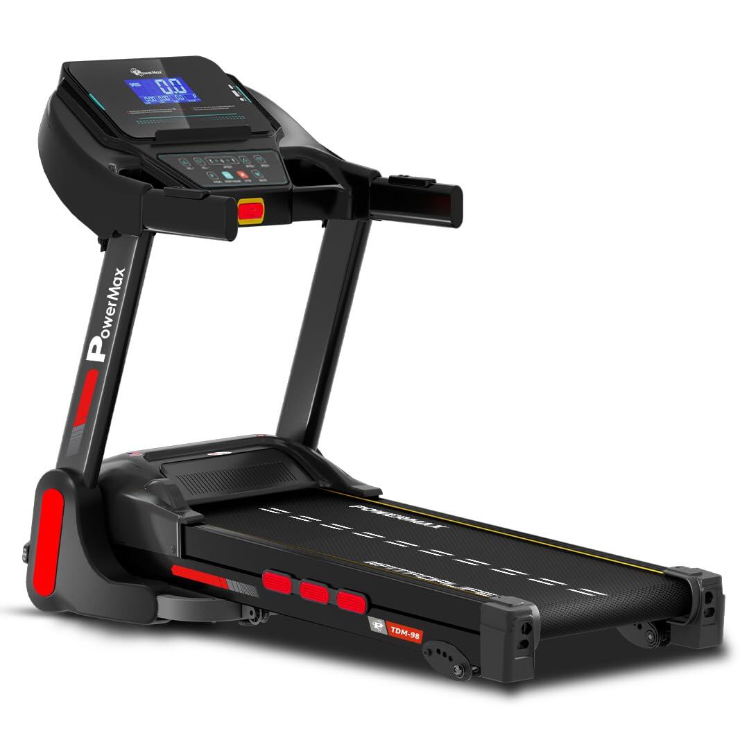 PowerMax Fitness TDM-98 4HP Foldable Motorized Manual Incline Treadmill for Home Use, 110kg Max User, Top Speed-12kmph, Heart Rate Sensors, AUX, Speaker, USB, LED Display, Black-picture-13