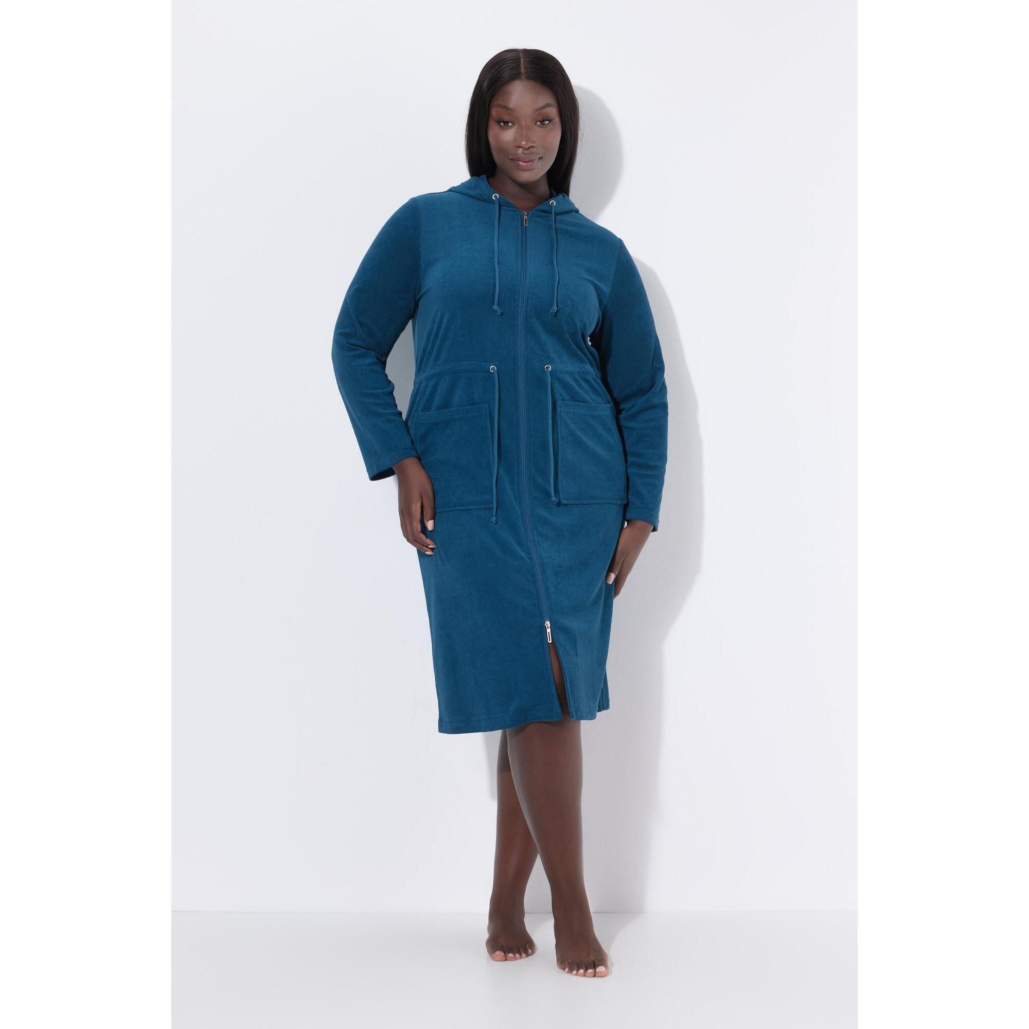 Ulla Popken - Femme Peignoir À Capuche En Tissu Éponge Fermeture À Glissière À Double Sens - Peignoir De Bain - Bleu|turquoise - 48 Xl - Decathlon