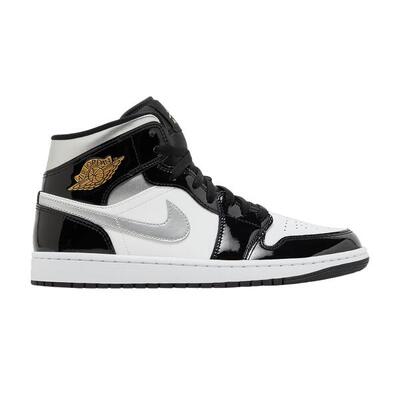 Jordan 1 Mid SE Patent Black White Metallic Silver Metallic Gold