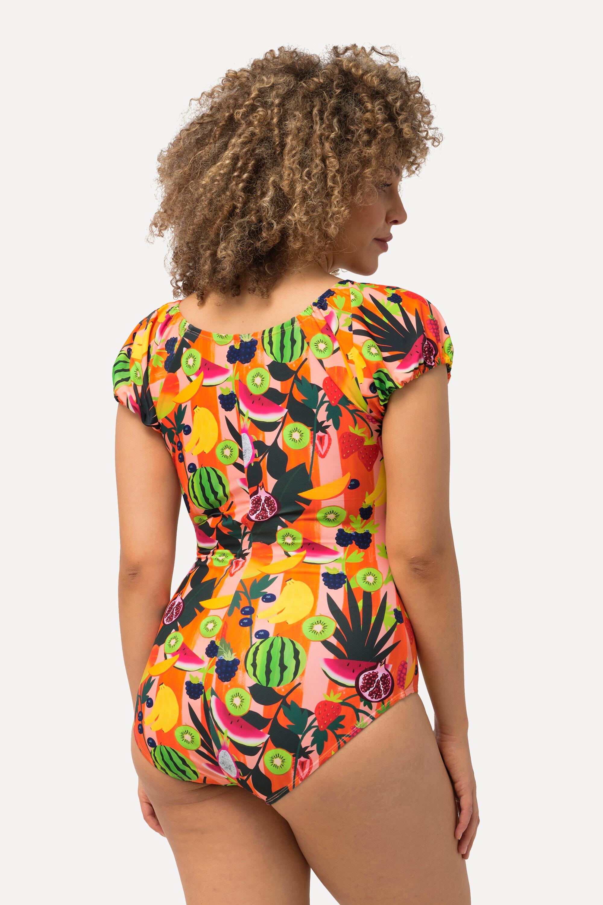 Femme Maillot de bain à bonnets souples. Imprimé fruits et manches 2/6