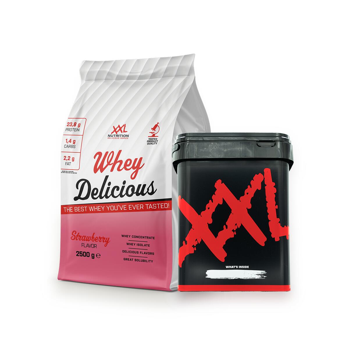 XXL NUTRITION Whey Delicious Incl. Voorraademmer - 80% Eiwit, Proteïne Poeder - Aardbei- 2500g