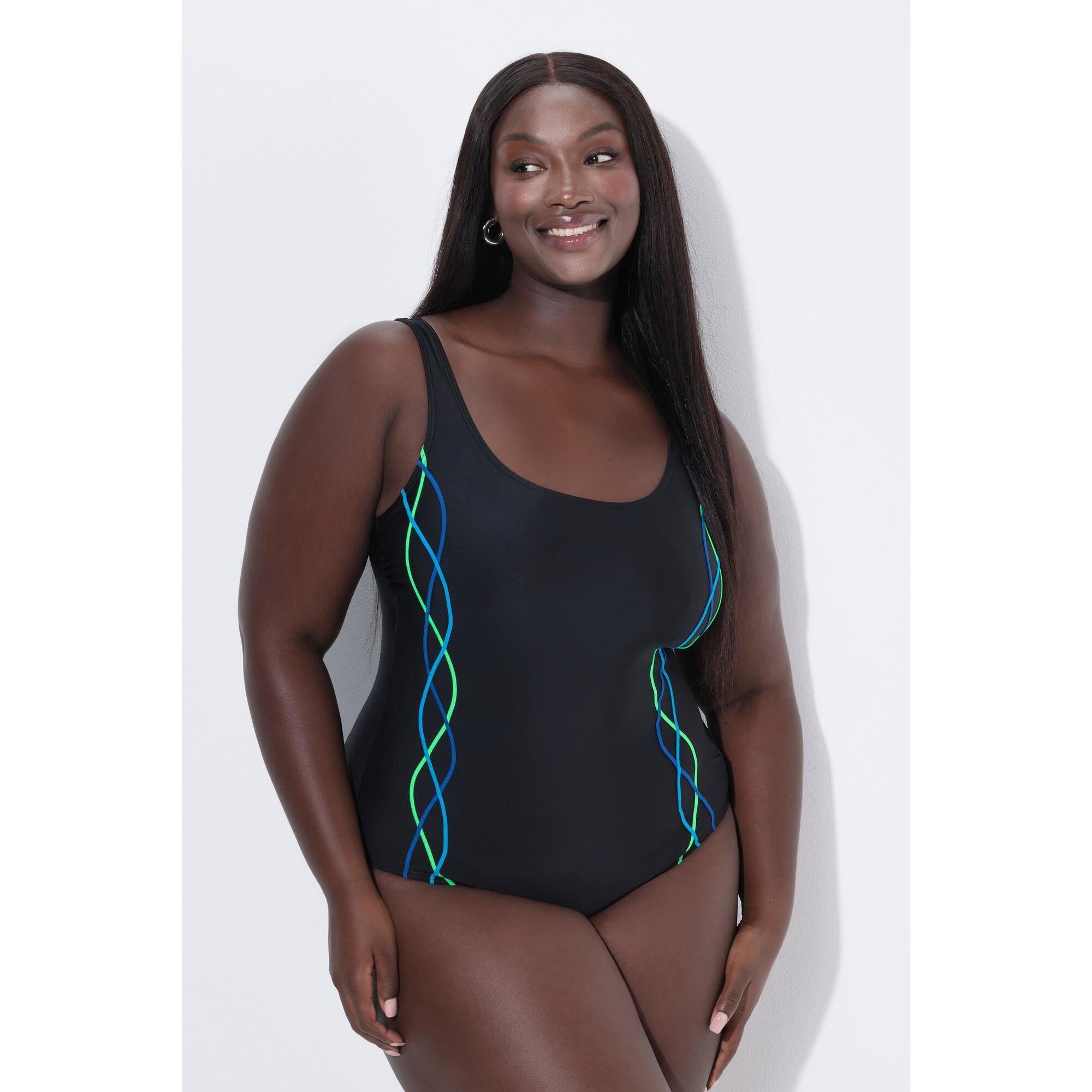 Ulla Popken - Femme Maillot De Bain Passepoils Bande Sous La Poitrine Doublure Poitrine - Maillot De Bain 1 Pièce - Noir - Decathlon