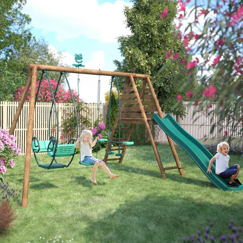 Portique en bois rond 3 agrès avec face à face et toboggan NIGEL 3/5