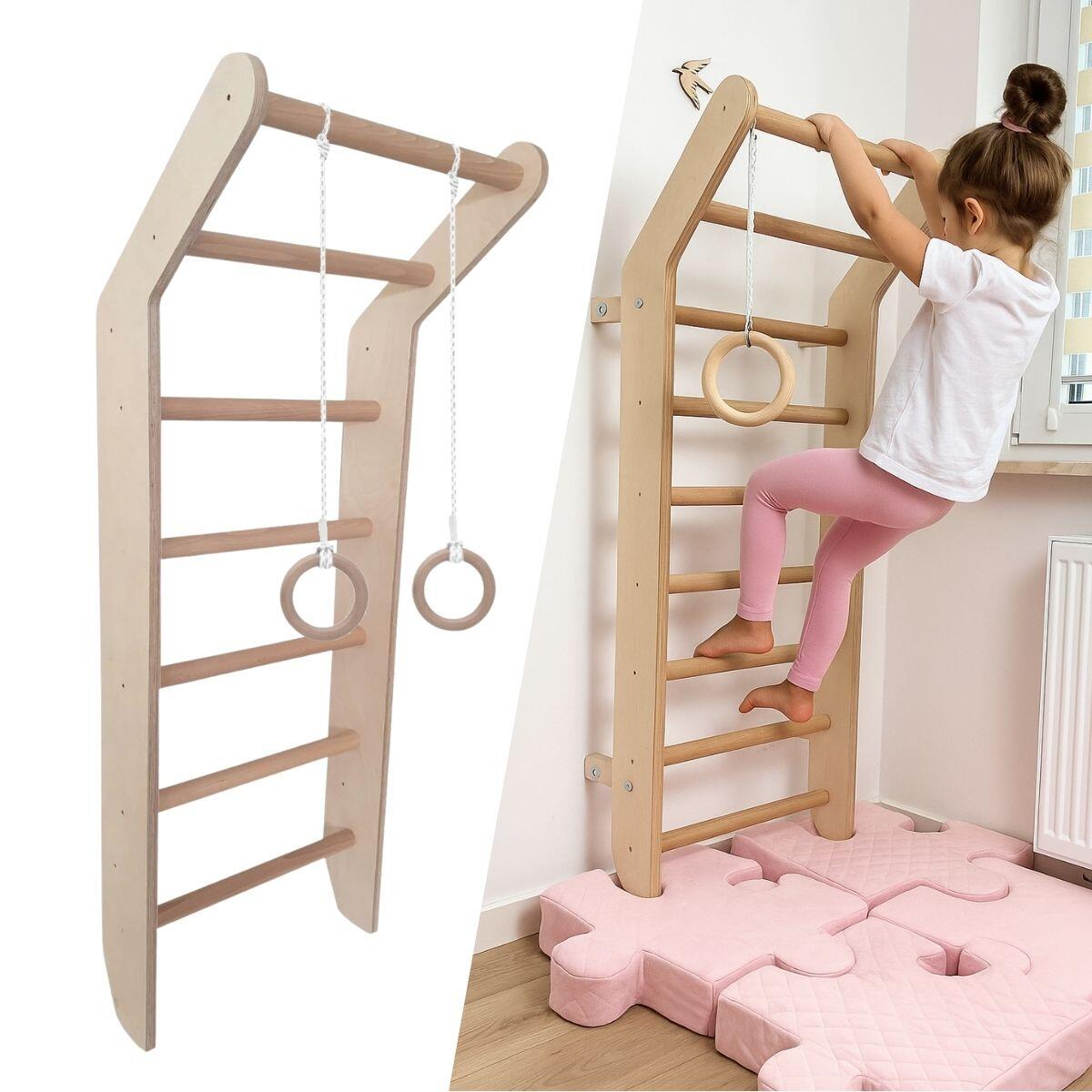 Espalier de gymnastique enfant échelle bois anneaux Toddler Naturel 2/7