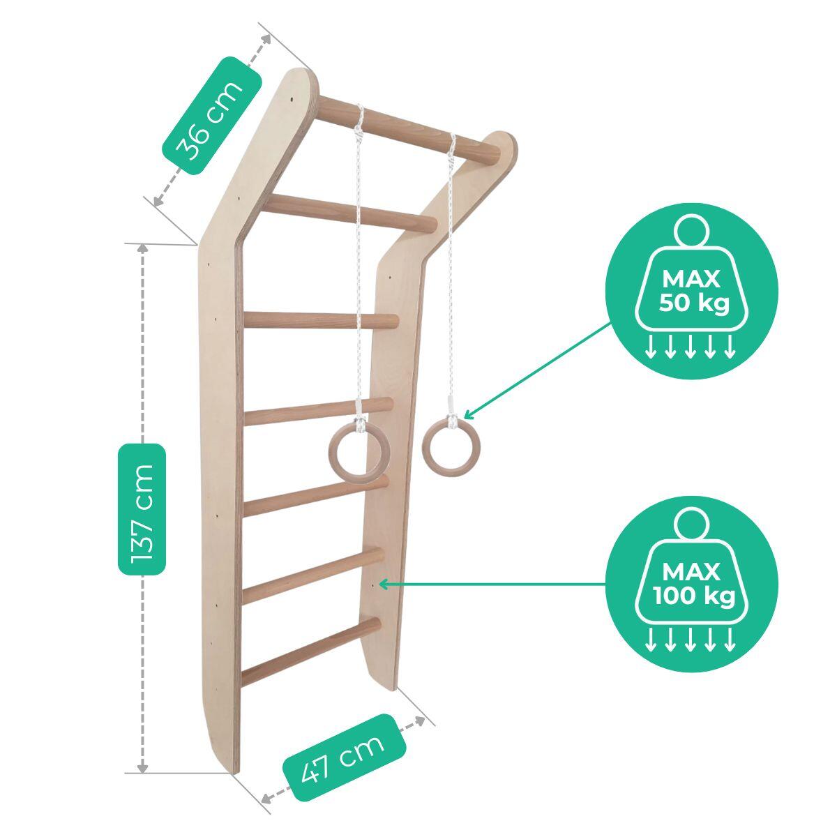 Espalier de gymnastique enfant échelle bois anneaux Toddler Naturel 4/7