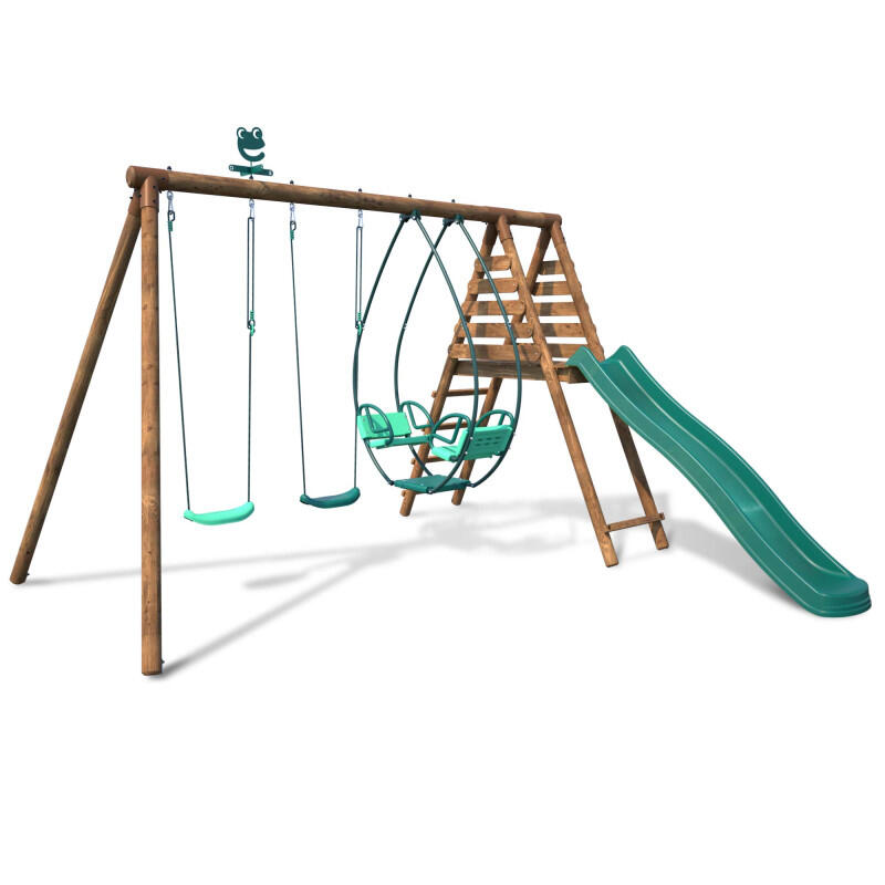 Portique en bois rond 3 agrès avec face à face et toboggan NARCISSE 1/5