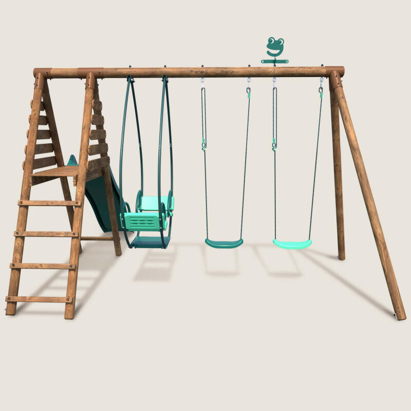 Portique en bois rond 3 agrès avec face à face et toboggan NARCISSE 2/5