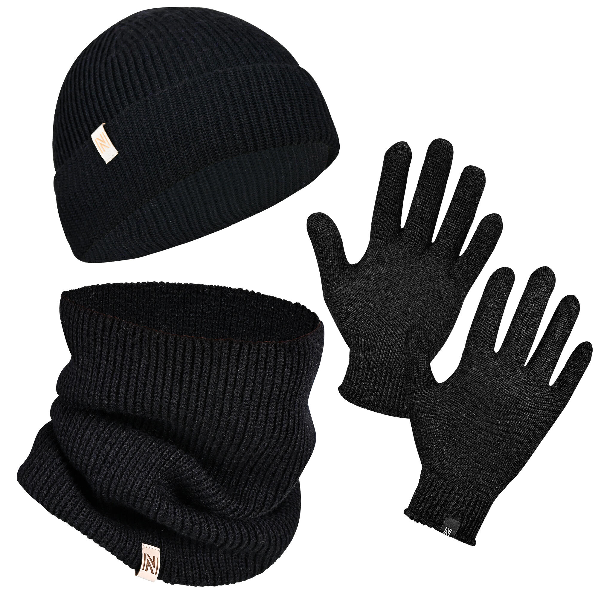 NORFOLK 70 % Merinowolle Mütze-, Halswärmer- und Handschuh-Set - Winterset