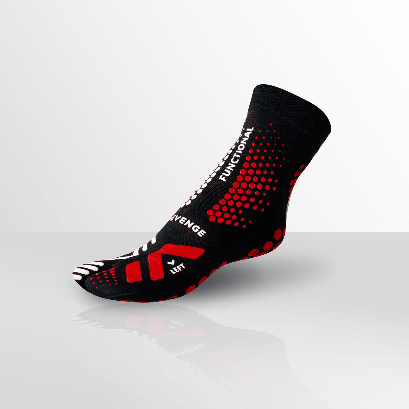 R-EVENGE Functional Socken Schwarz/Rot. Ideal für Functional Training und Antigravity.