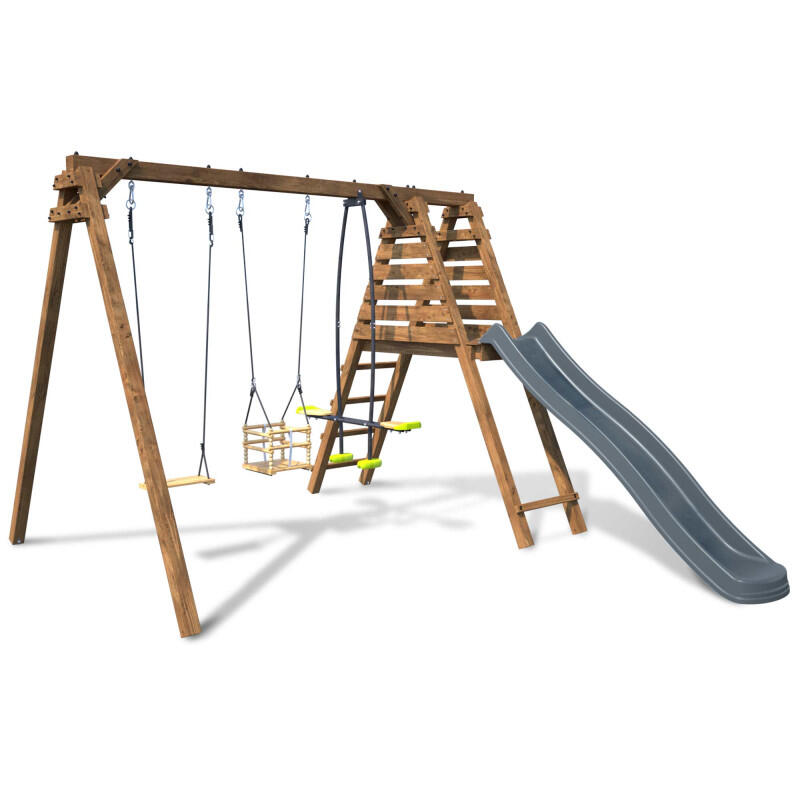 Portique en bois carré 3 agrès balançoire bébé, face à face et toboggan TREFLE 1/5