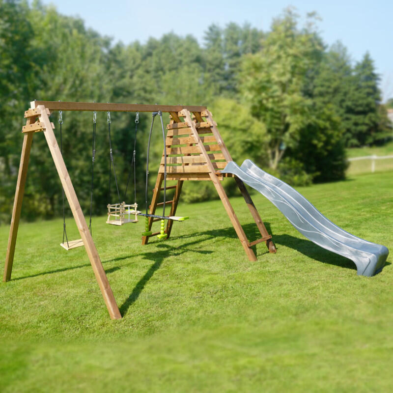 Portique en bois carré 3 agrès balançoire bébé, face à face et toboggan TREFLE 3/5
