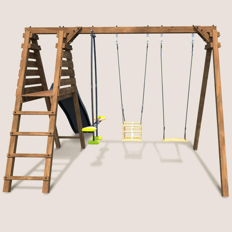 Portique en bois carré 3 agrès balançoire bébé, face à face et toboggan TREFLE 2/5