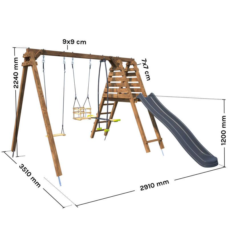 Portique en bois carré 3 agrès balançoire bébé, face à face et toboggan TREFLE 4/5