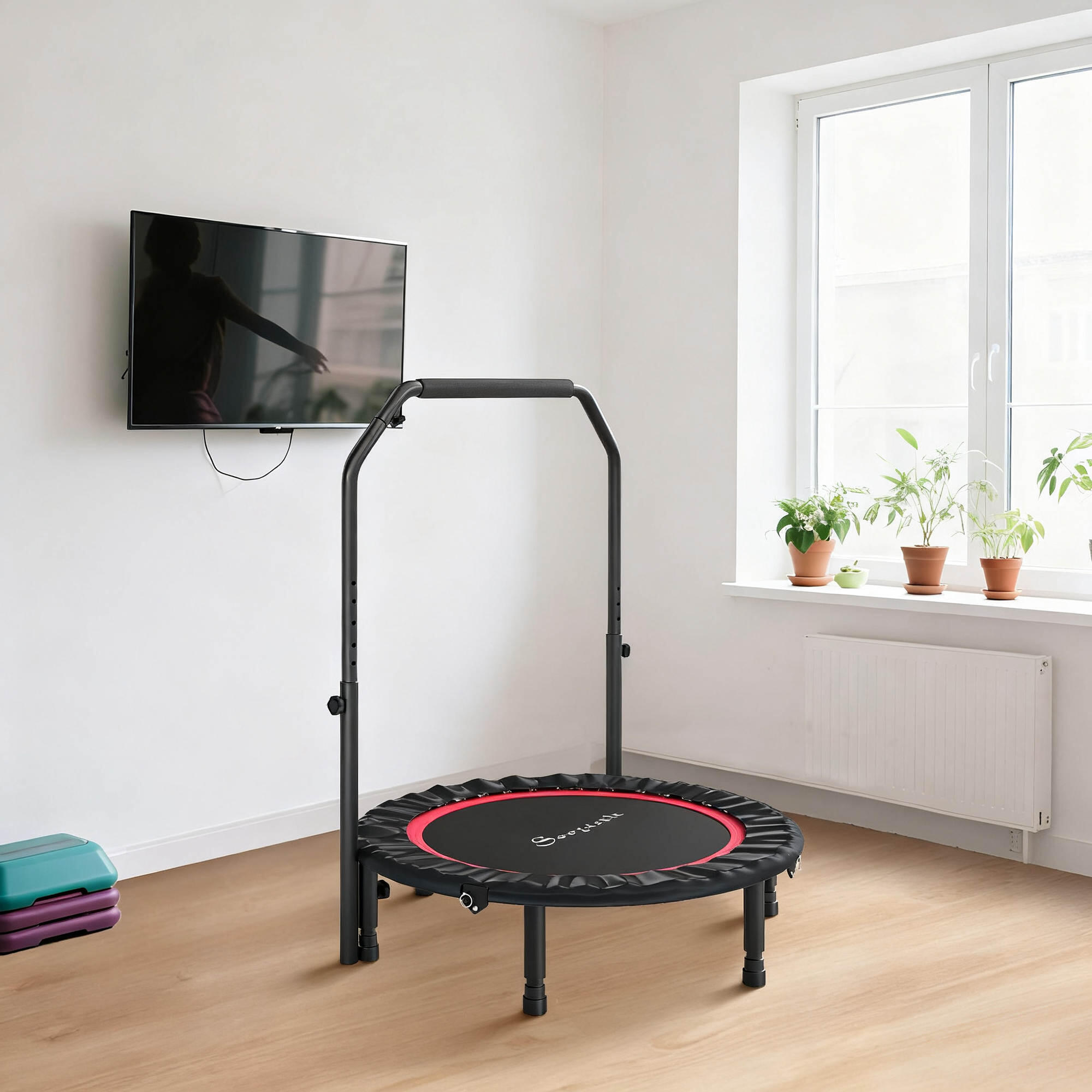 SPORTNOW Trampolim de Fitness Ø102 cm Trampolim Dobrável com Guiador 4/5