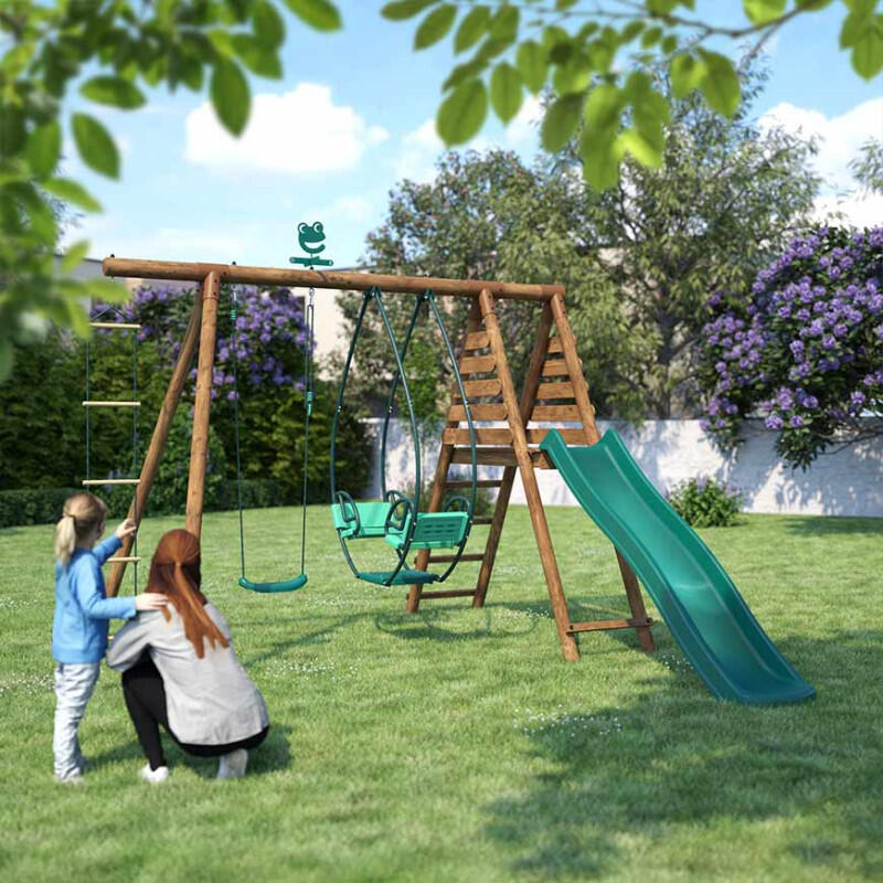 Portique en bois rond 3 agrès avec face à face, échelle et toboggan LAVANDE 3/5