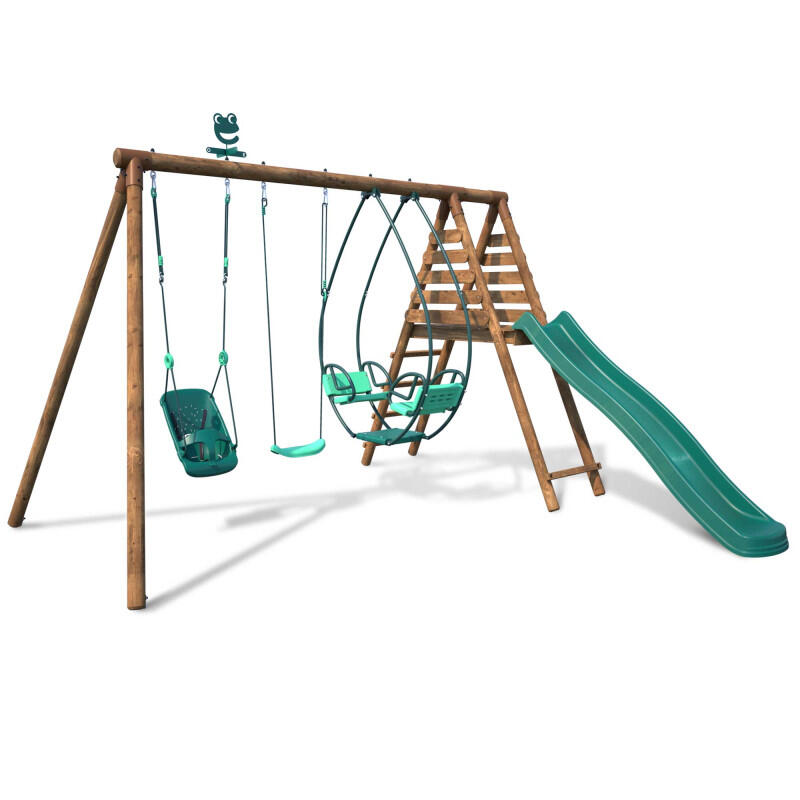 Portique en bois rond 3 agrès avec balançoire bébé et toboggan COLZA 1/5