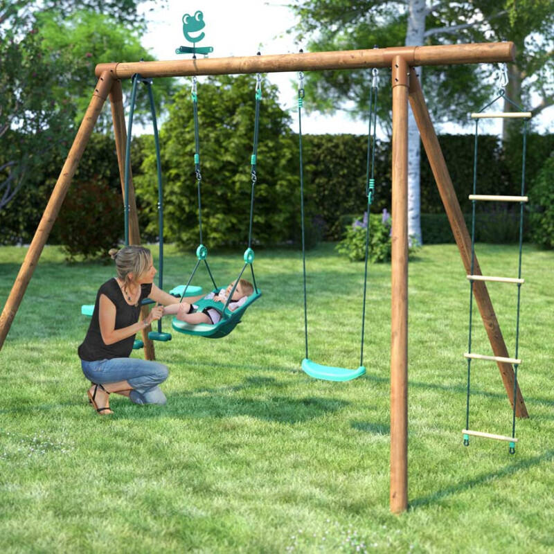 Portique en bois rond 4 agrès balançoire bébé, échelle et face à face SUZON 3/5
