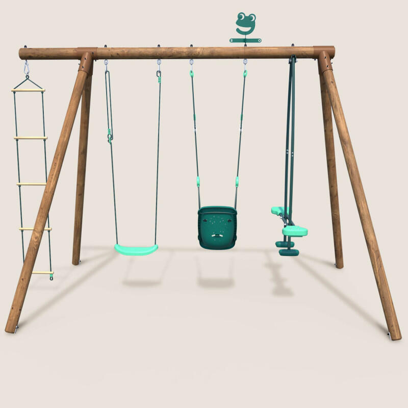 Portique en bois rond 4 agrès balançoire bébé, échelle et face à face SUZON 2/5