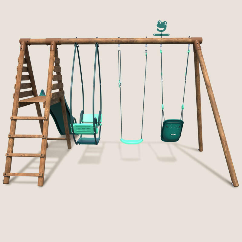 Portique en bois rond 3 agrès avec balançoire bébé et toboggan COLZA 2/5
