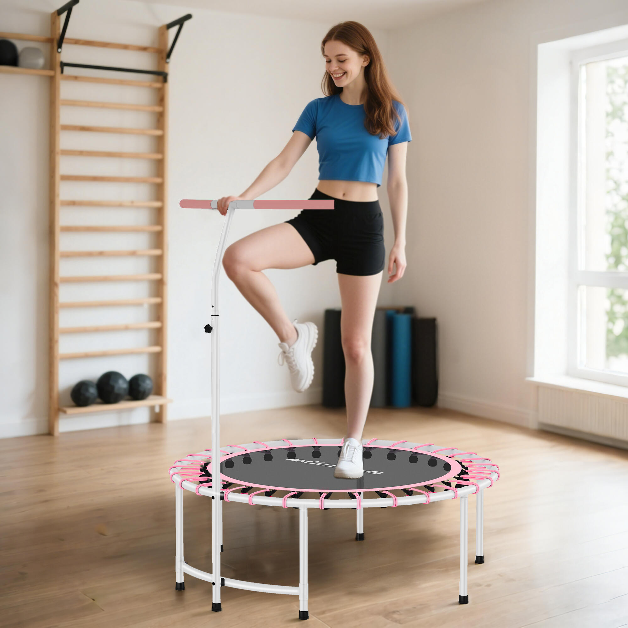 Trampoline fitness 102 cm guidon ajustable 5 niveaux acier jambes bleu 3/6