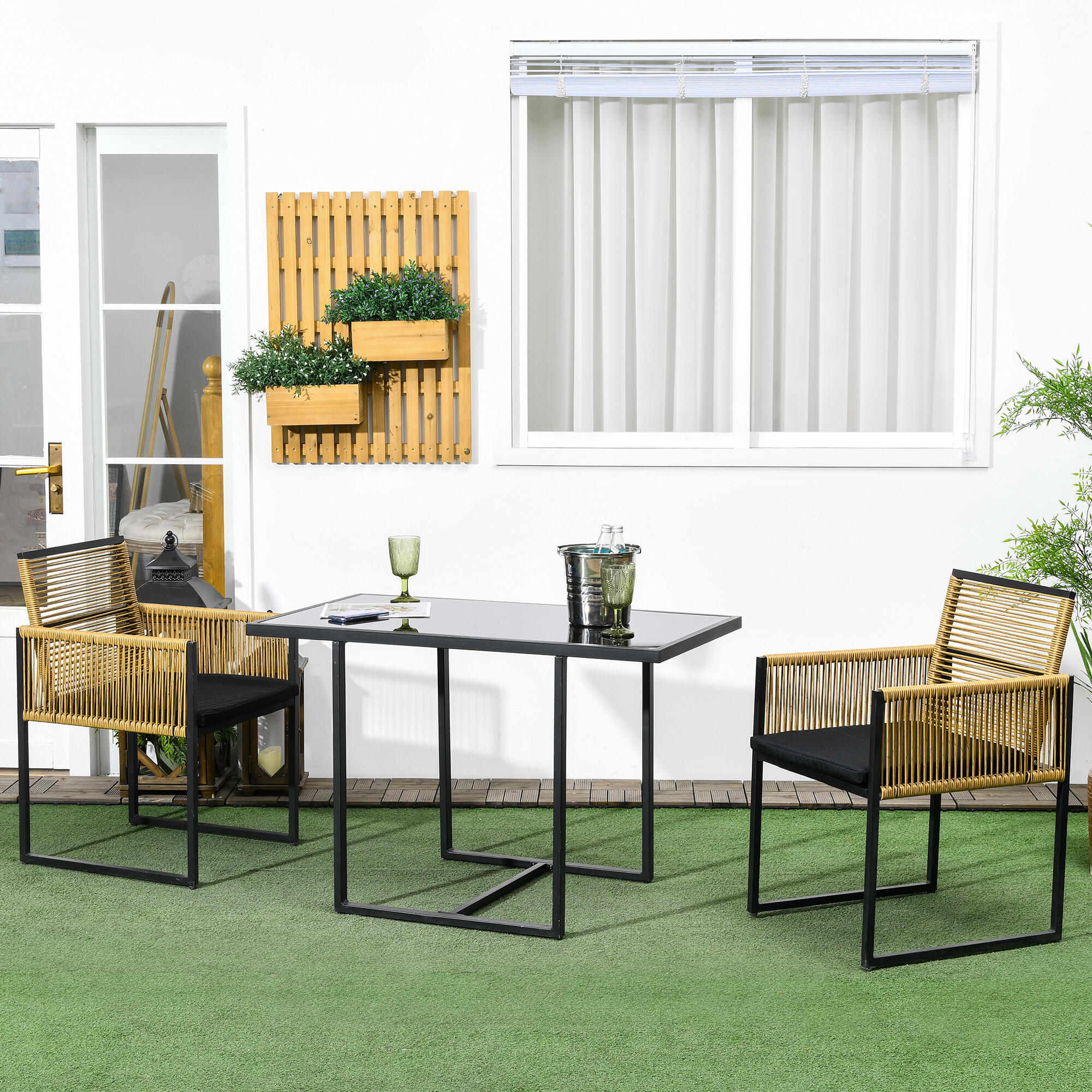 Conjunto mesa e cadeiras de jardim preto e natural Outsunny 2/7