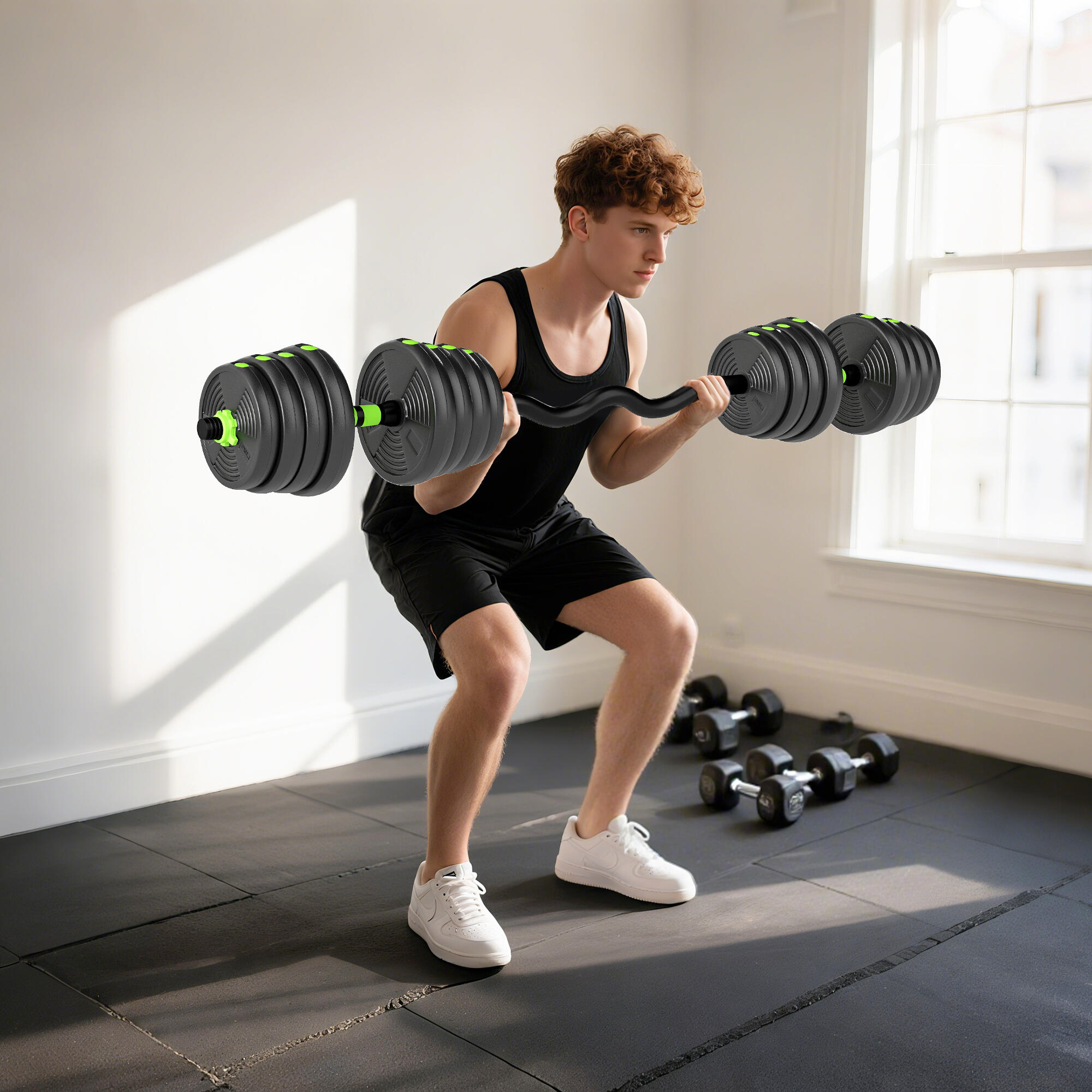 Kit haltères 3 en 1 musculation - Barre Olympic + Curl EZ - 30Kg - vert noir 4/5