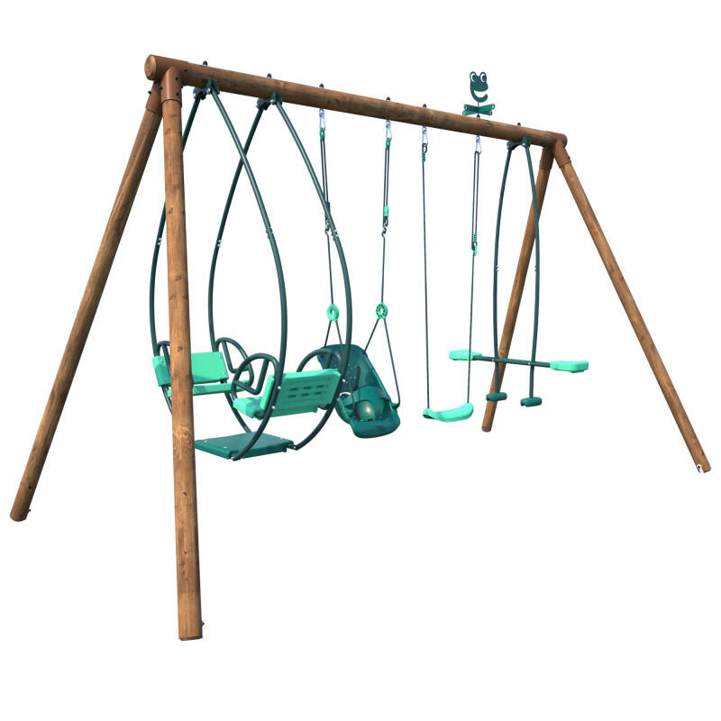 Portique en bois rond 4 agrès avec balançoire bébé et face à face SUZANNE 1/5