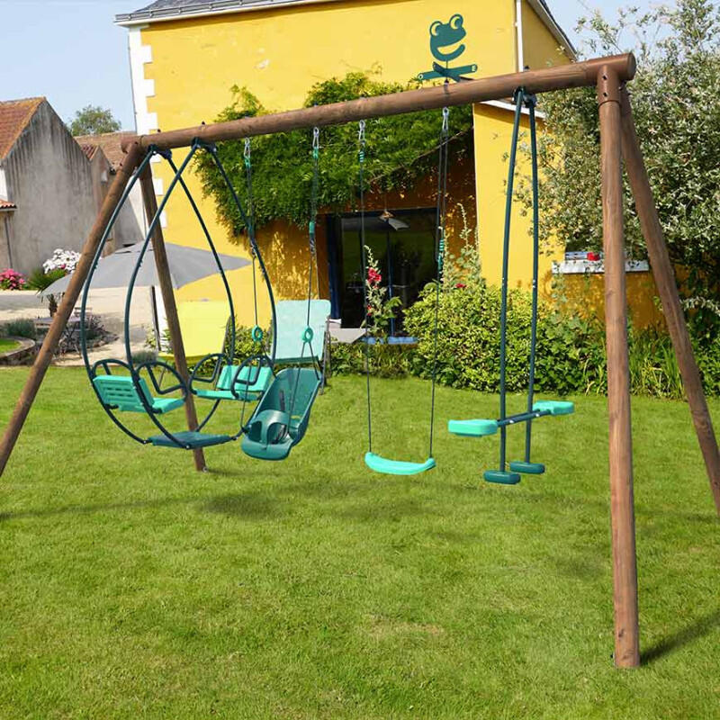 Portique en bois rond 4 agrès avec balançoire bébé et face à face SUZANNE 3/5