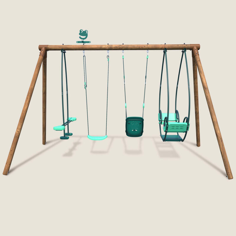 Portique en bois rond 4 agrès avec balançoire bébé et face à face SUZANNE 2/5