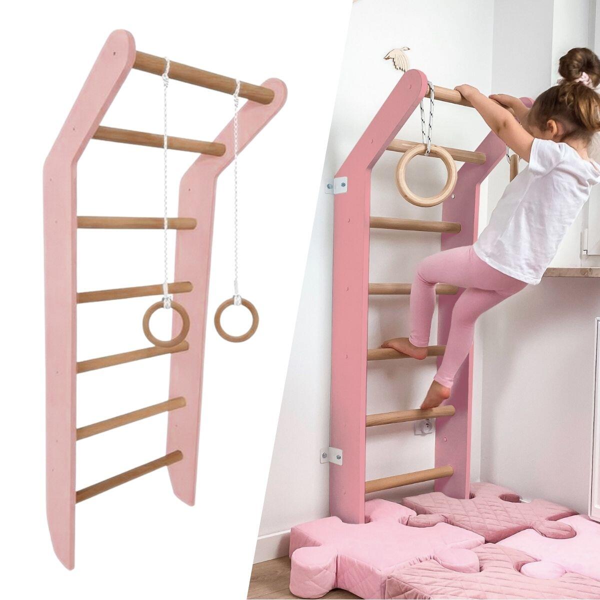 Espalier de gymnastique enfant échelle bois anneaux Toddler Rose 2/7