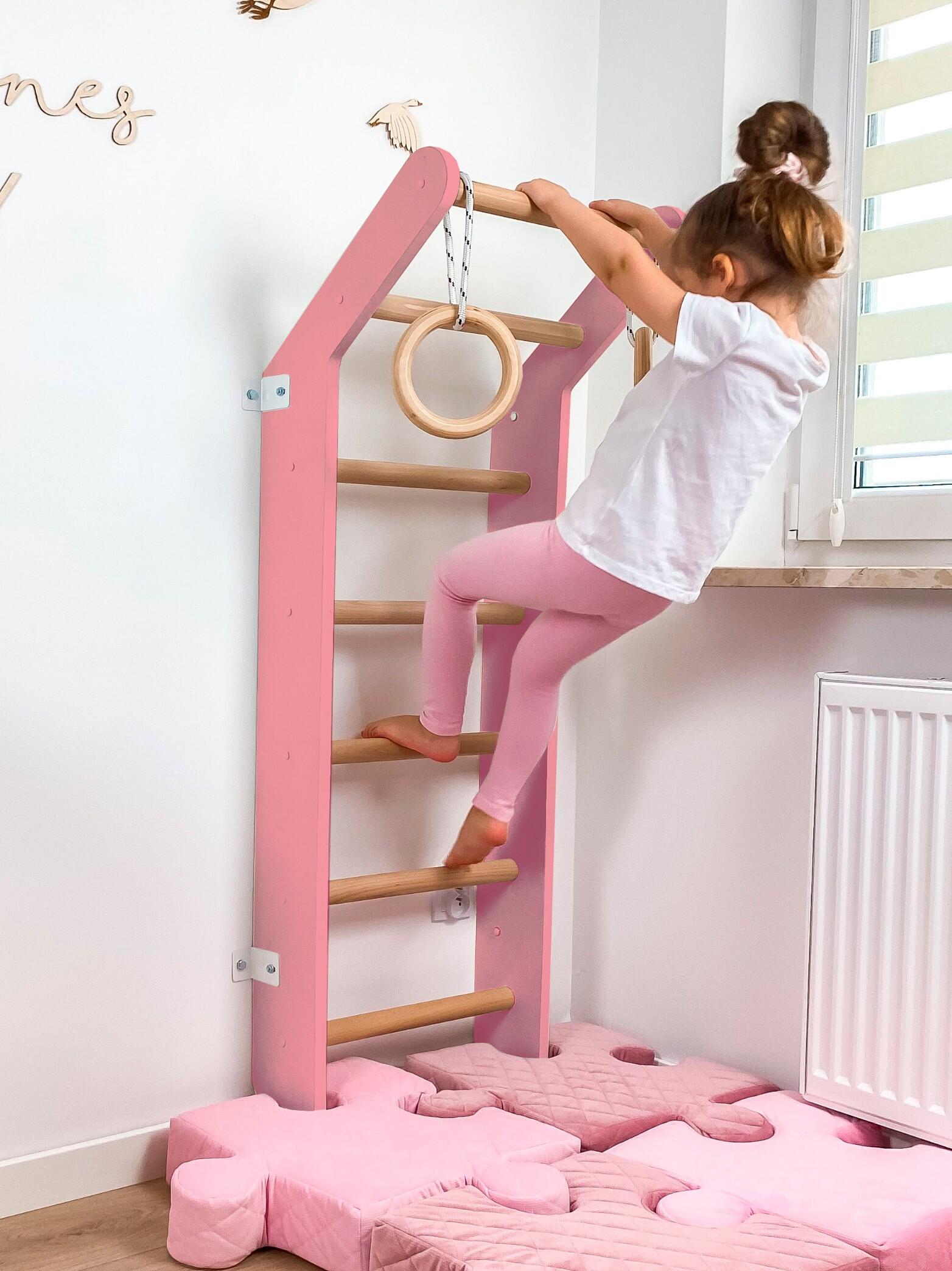 Espalier de gymnastique enfant échelle bois anneaux Toddler Rose 5/7