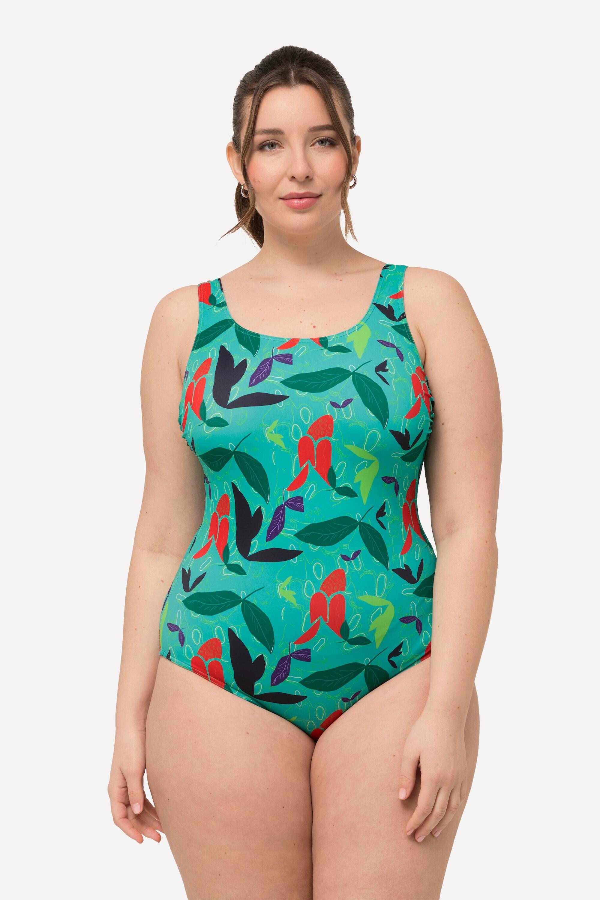 Femme Maillot de bain à décolleté rond. Sans bonnets souples. Motif feuilles 1/6